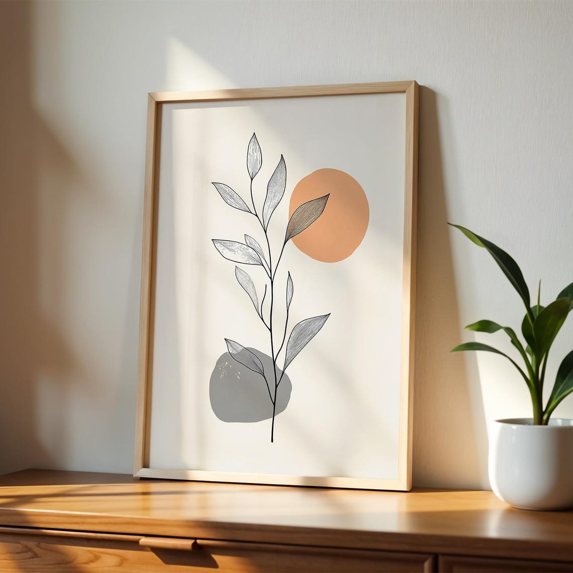 Botanical Leaf Line Art Terracotta Sun Modern Minimalist Wall Poster