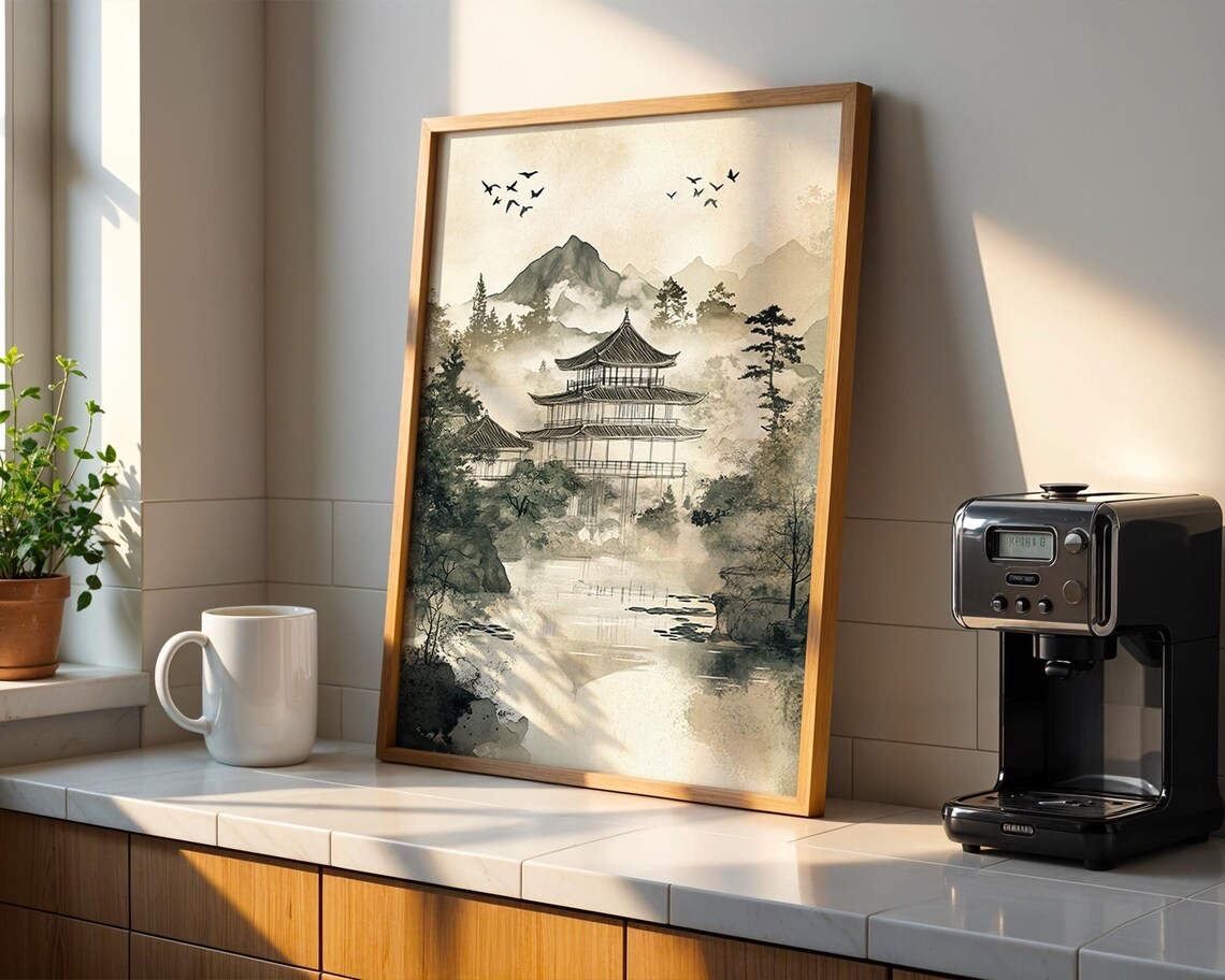 Japanese Pagoda Misty Mountain Ink Wash Temple Landscape Poster - Image 3