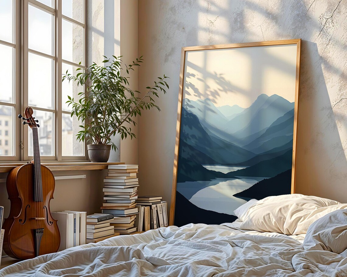 Layered Blue Mountain Ranges with Winding River Valley Art Poster - Image 5