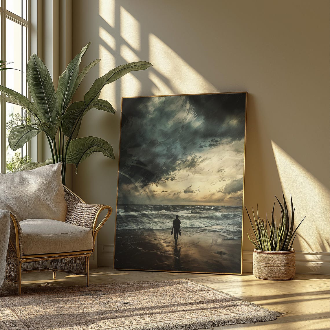 Stormy Beach Walk Lone Figure Moody Ocean Sunset Dramatic Art Poster - Image 4