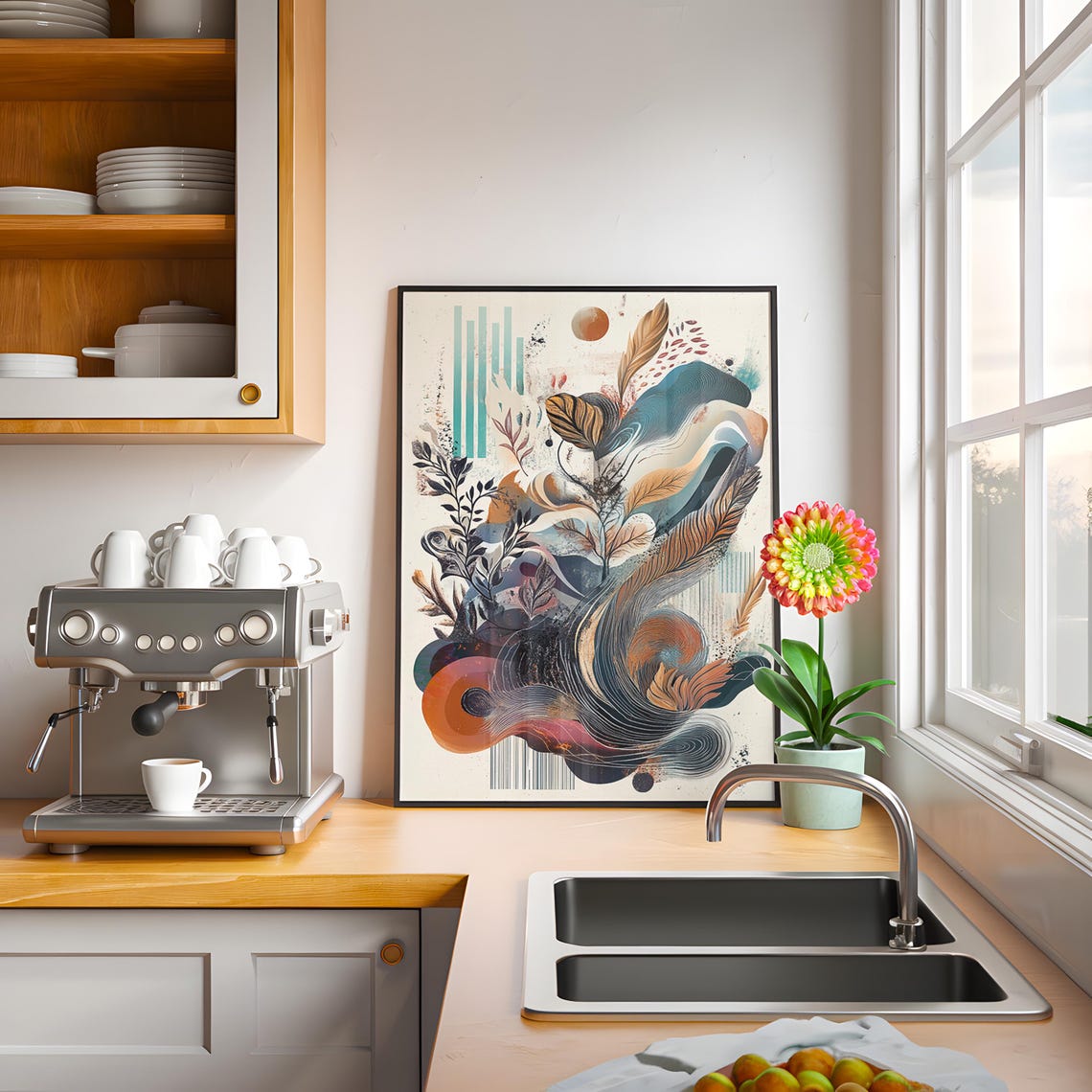 Copper Teal Swirl Botanical Abstract Art Print Flowing Wave Design - Image 3