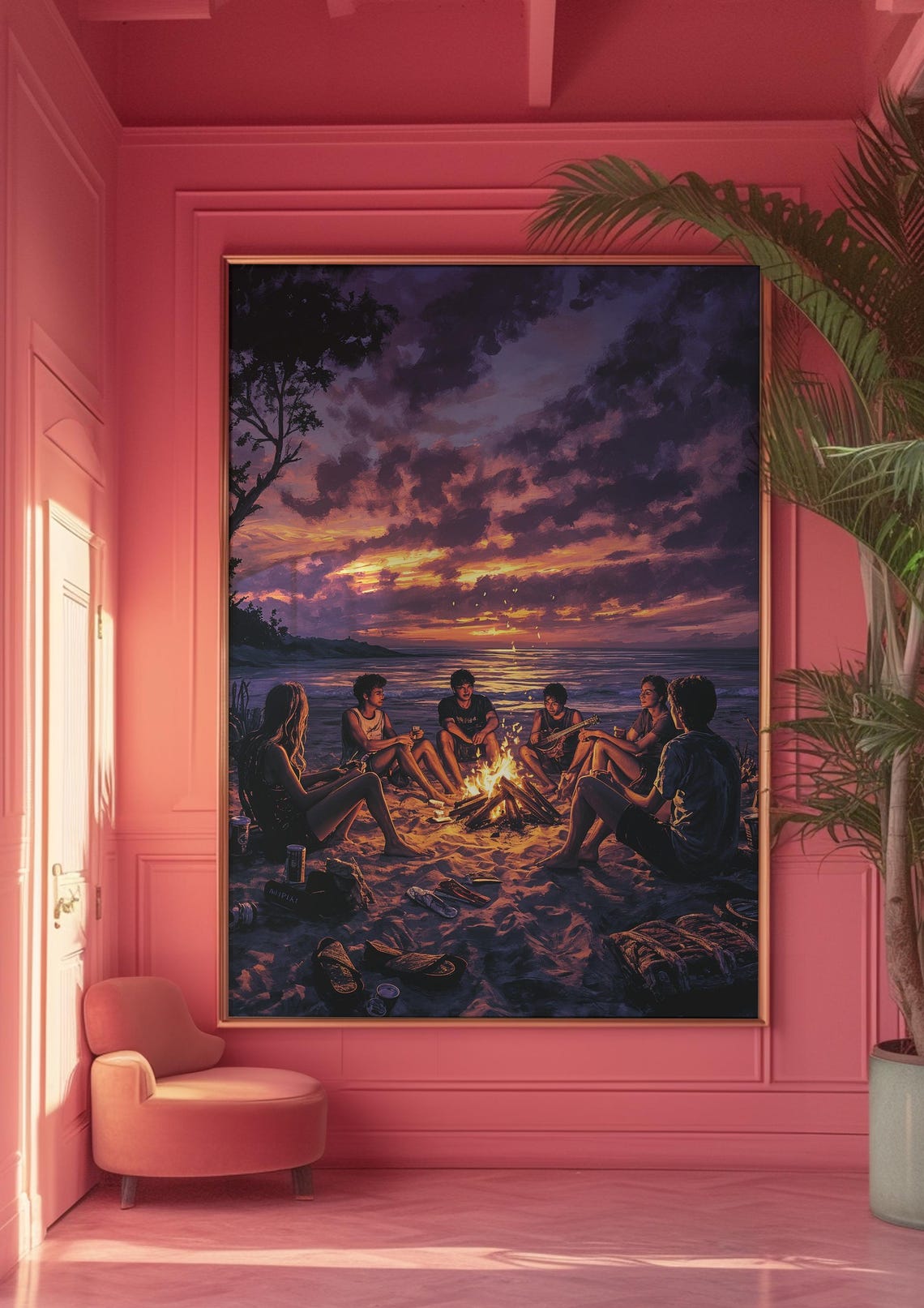 Beach Bonfire Sunset Friends Guitar Summer Night Ocean Art Poster - Image 5