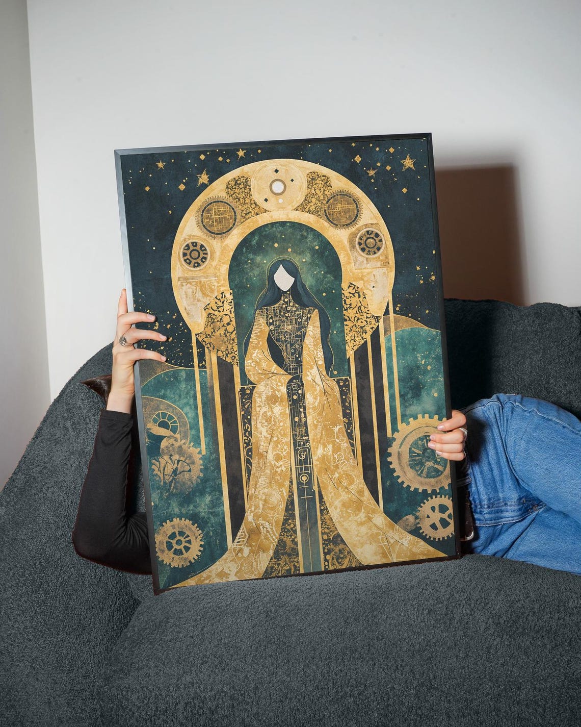Art Deco Celestial Goddess Art Print Gold Teal Mystical Woman Decor