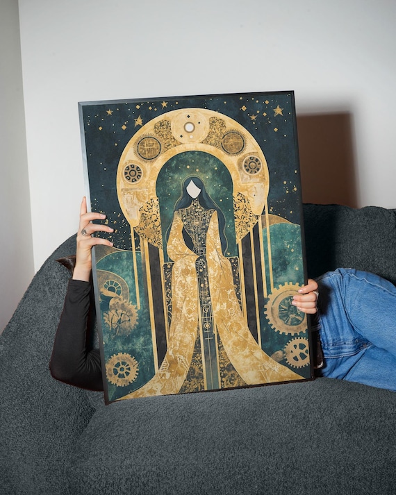 Art Deco Celestial Goddess Art Print Gold Teal Mystical Woman Decor
