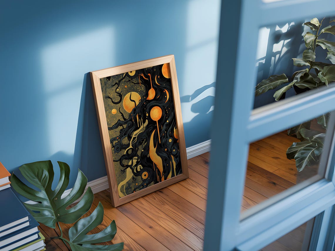Mystic Suns Celestial Night Dripping Gold Orbs Dark Cosmic Art Poster - Image 3