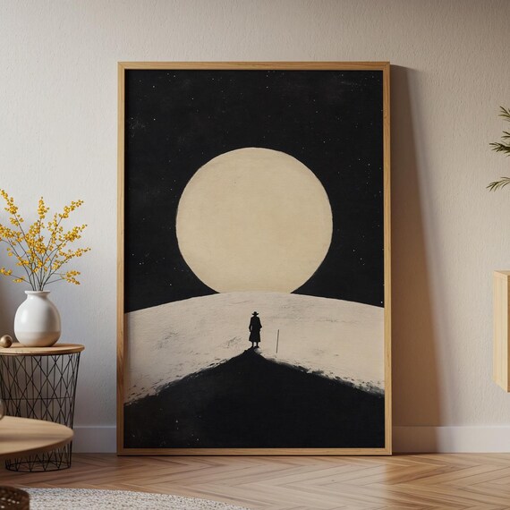 Lone Traveler Giant Moon Night Minimalist Snowy Hill Silhouette Poster