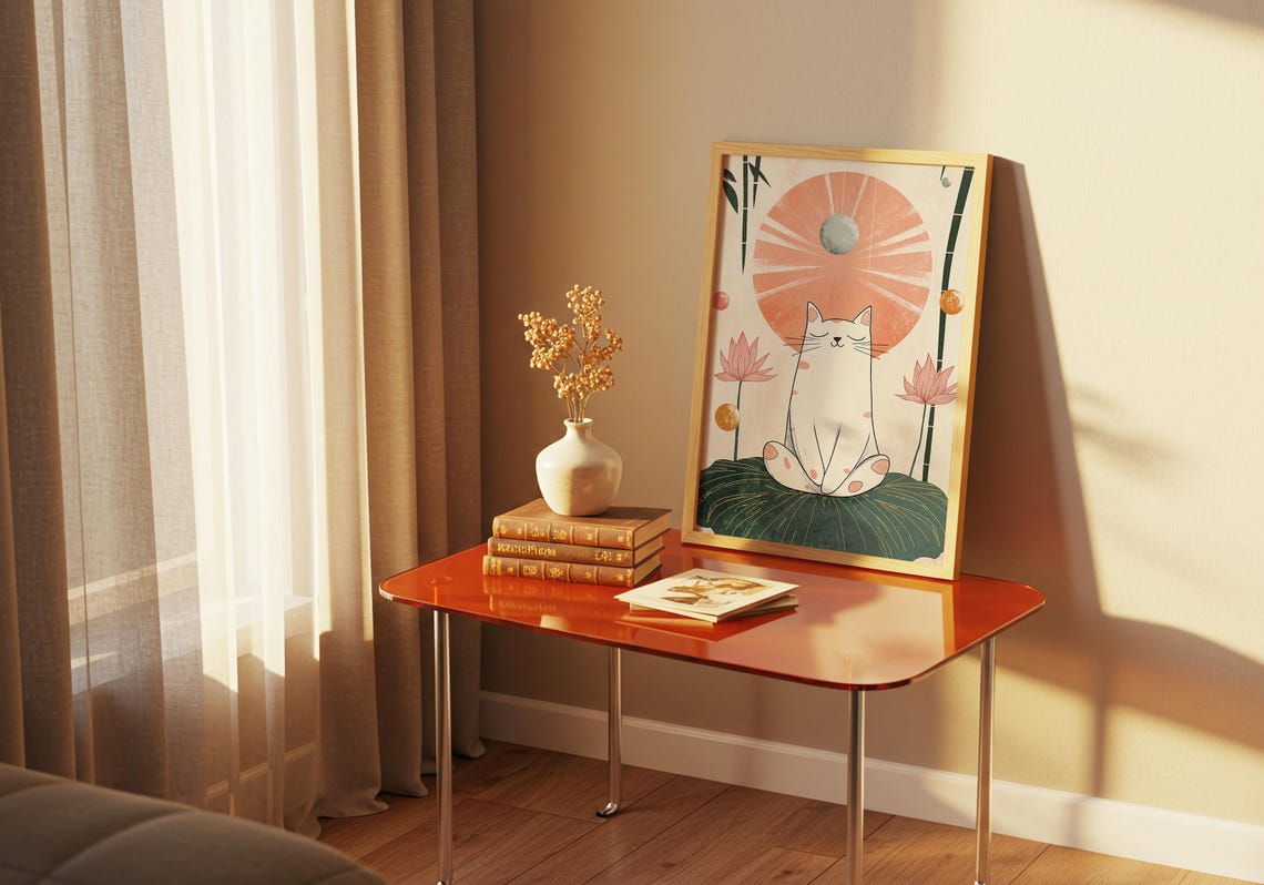 White Spotted Cat Meditating on a Lotus Leaf Under a Peach Sun Poster - Image 3