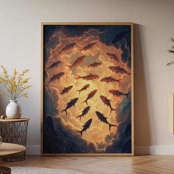 Fish And Clouds Art Print Ethereal Sky Swim Surreal Aquatic Dreamscape Wall