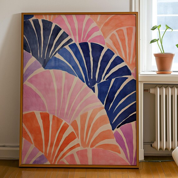 Coastal Abstract Poster Shell Pattern Art Print Illustration In Coral Navy Modern Drawing For Beach Wall Decor