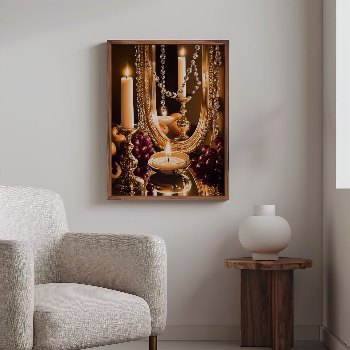 Brass Candlesticks Crystal Beads Grapes Mirror Still Life Print - Image 2