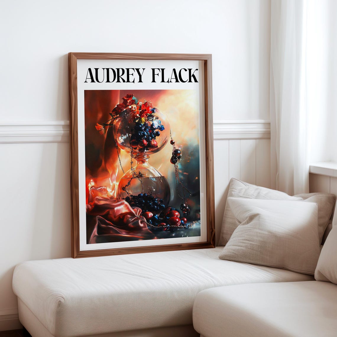 Audrey Flack Hourglass Vessel Grapes Chains Smoky Still Life Print