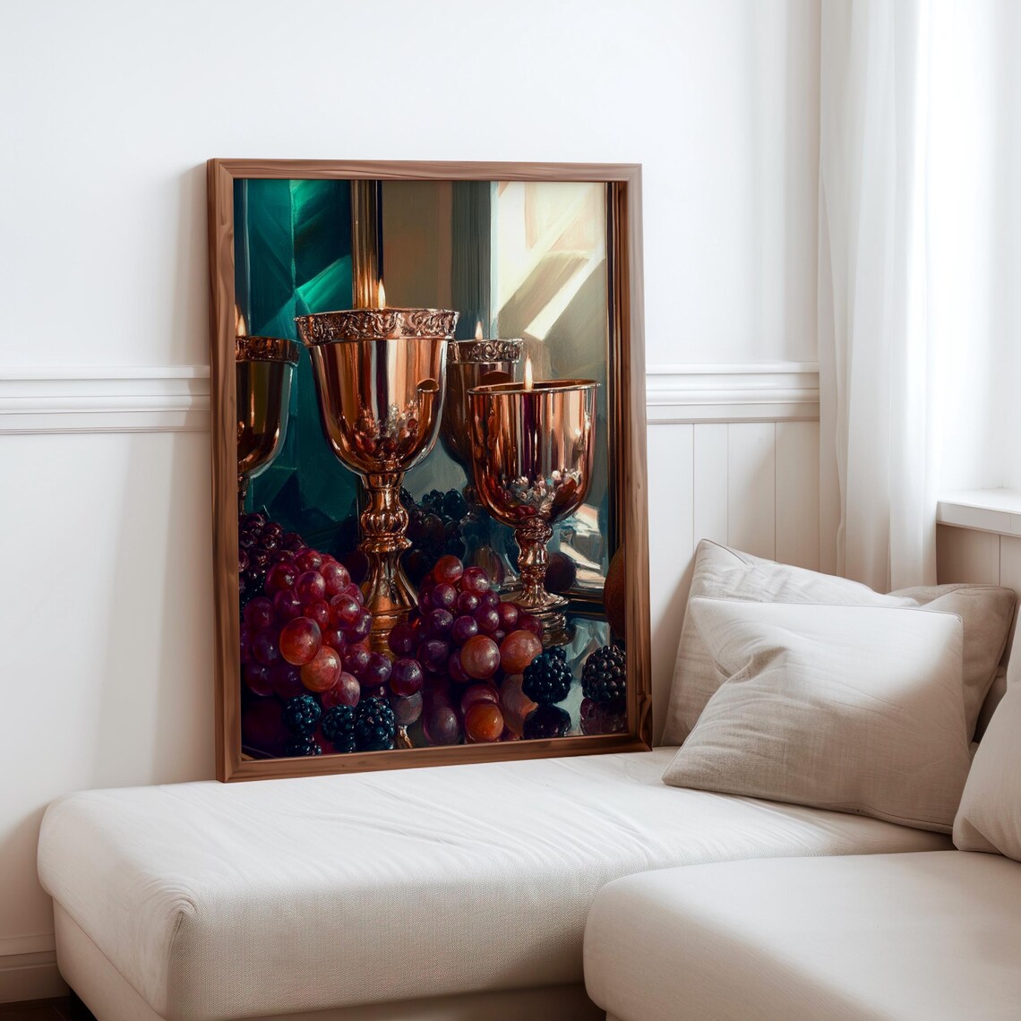 Polished Copper Chalices Grapes Teal Geometric Still Life Art Print