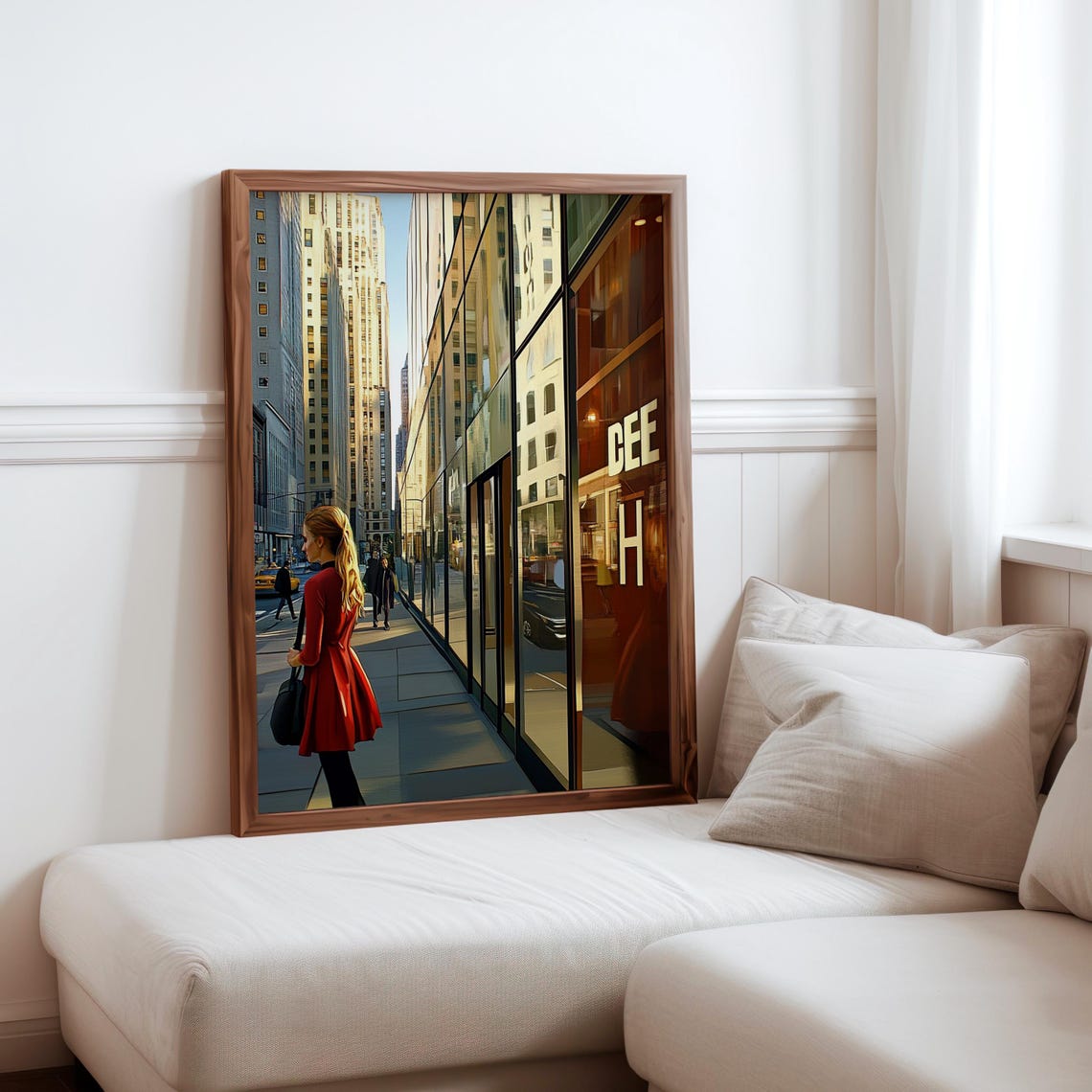 Woman Red Coat Glass Skyscraper Reflections City Sidewalk Art Poster
