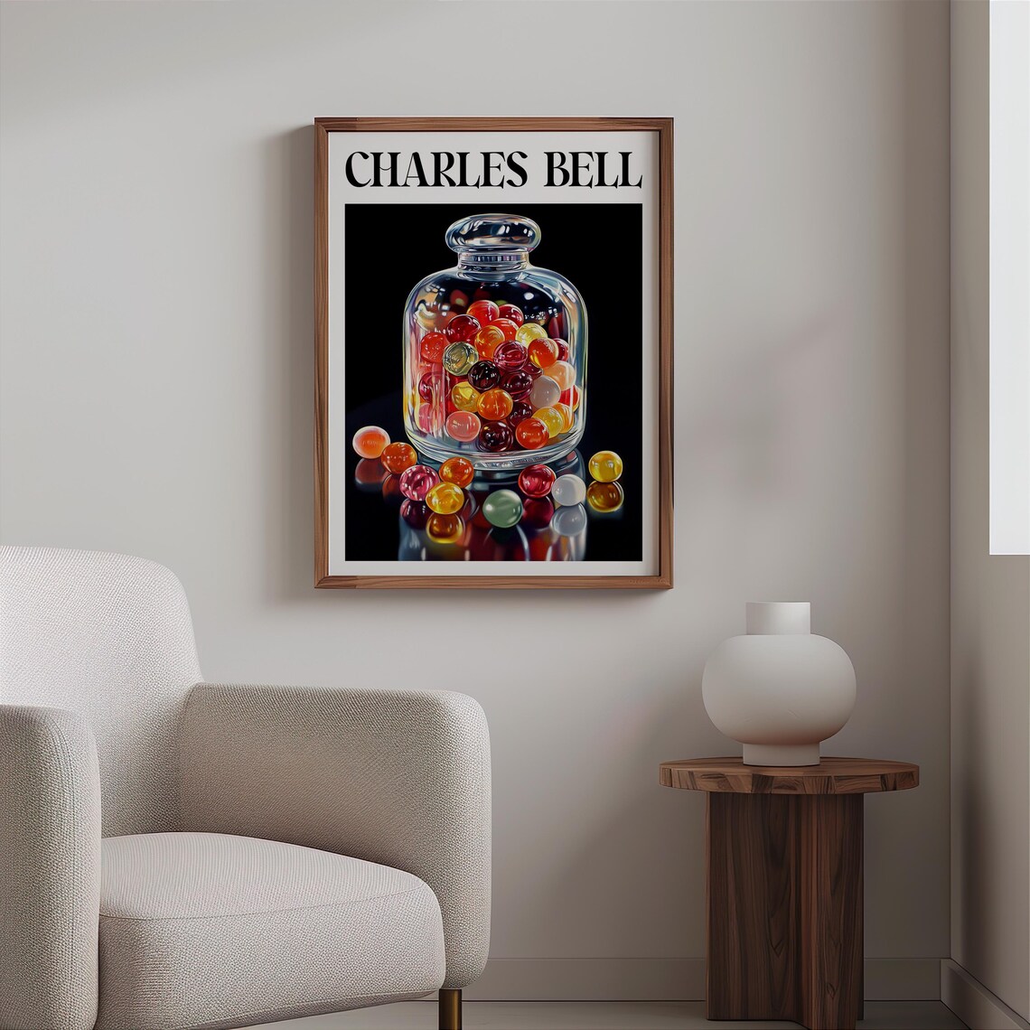 Charles Bell Apothecary Glass Bottle Gumballs Black Backdrop Poster - Image 2