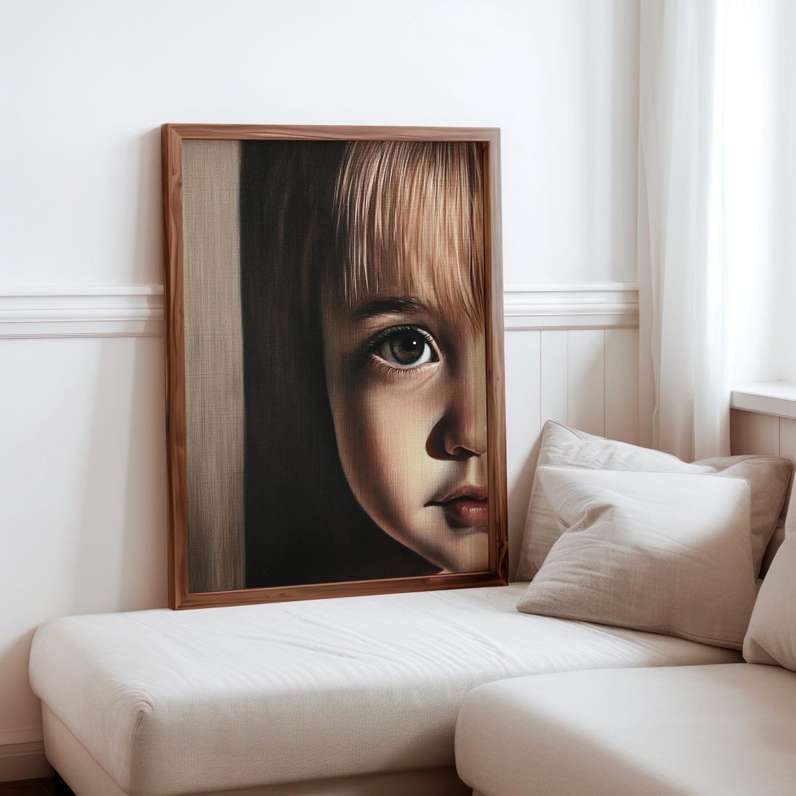 Child Half Face Peeking from Shadow Big Dark Eye Portrait Print