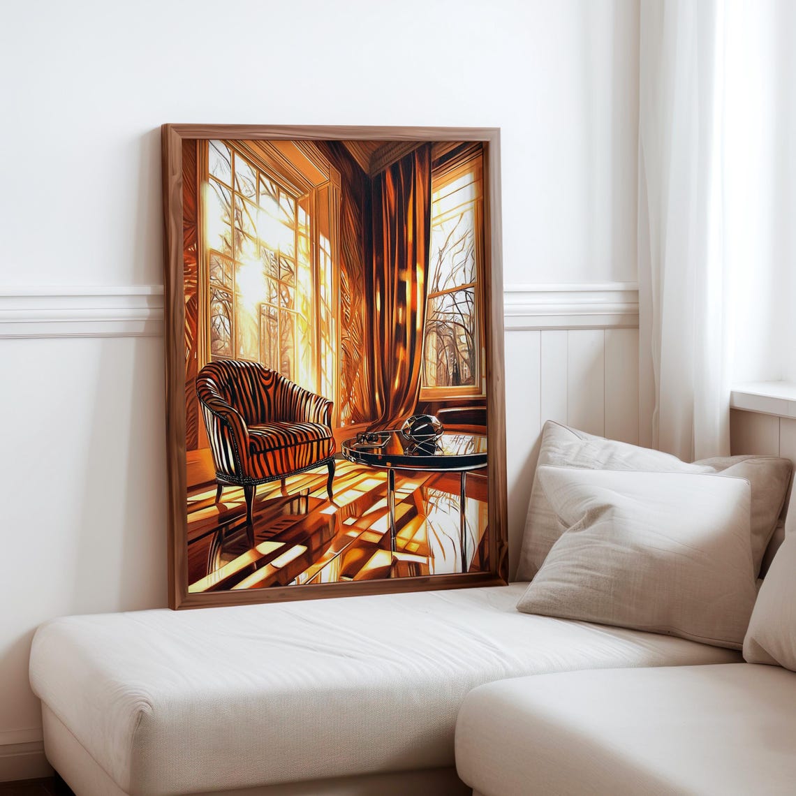 Zebra Striped Armchair Sunlit Bay Window Bold Interior Art Poster