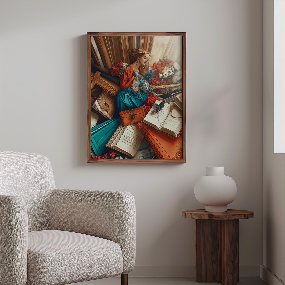 Woman Reading Among Open Books Flowers Dreamy Library Scene Art Poster - Image 2