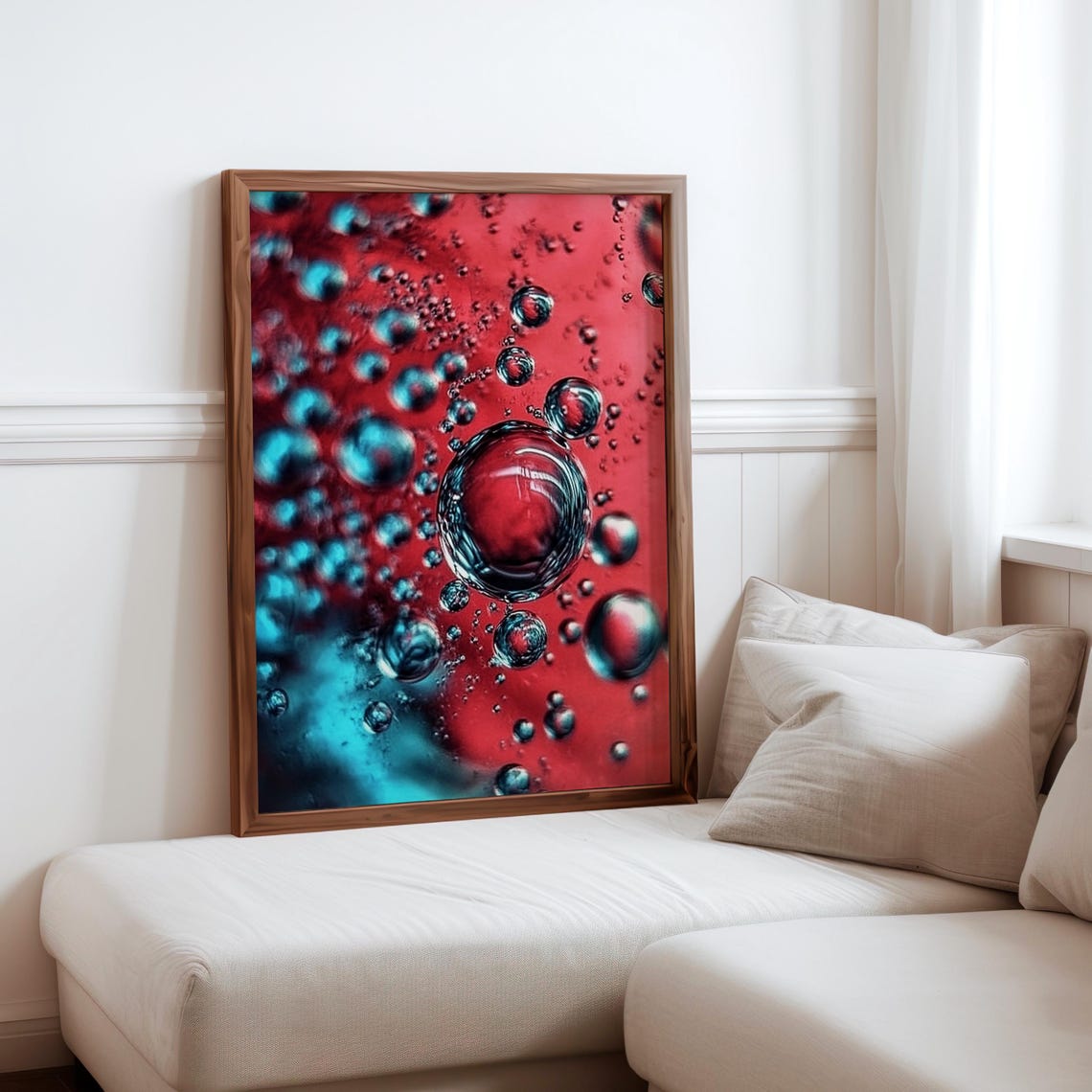 Red Liquid Swirl Blue Droplets Photorealistic Abstract Art Poster