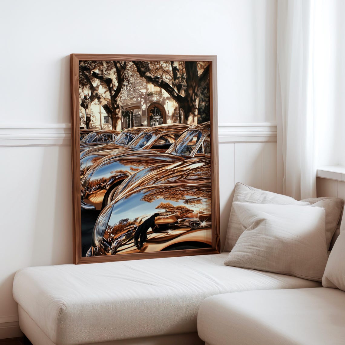 Mirrored Chrome Hoods Tree Reflection Classic Cars Street Poster