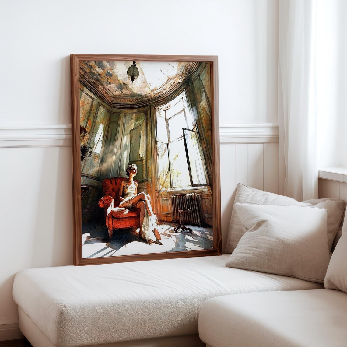 Woman Reclining on Red Chair Ornate Aged Room Painterly Art Print
