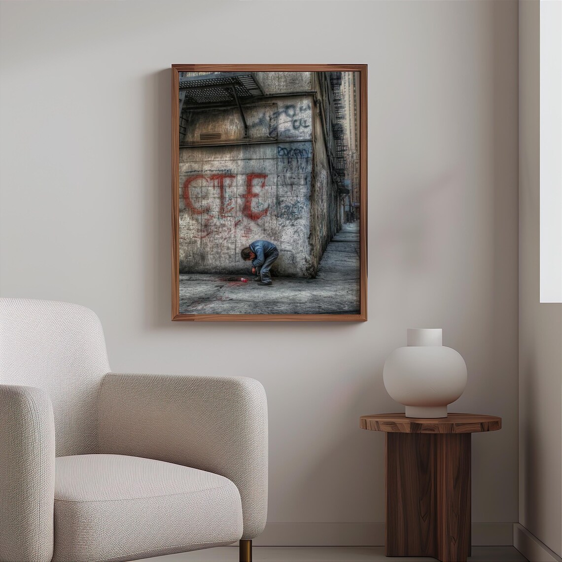 Homeless Man Crouched Graffiti Alley Fire Escape Moody Art Poster - Image 2