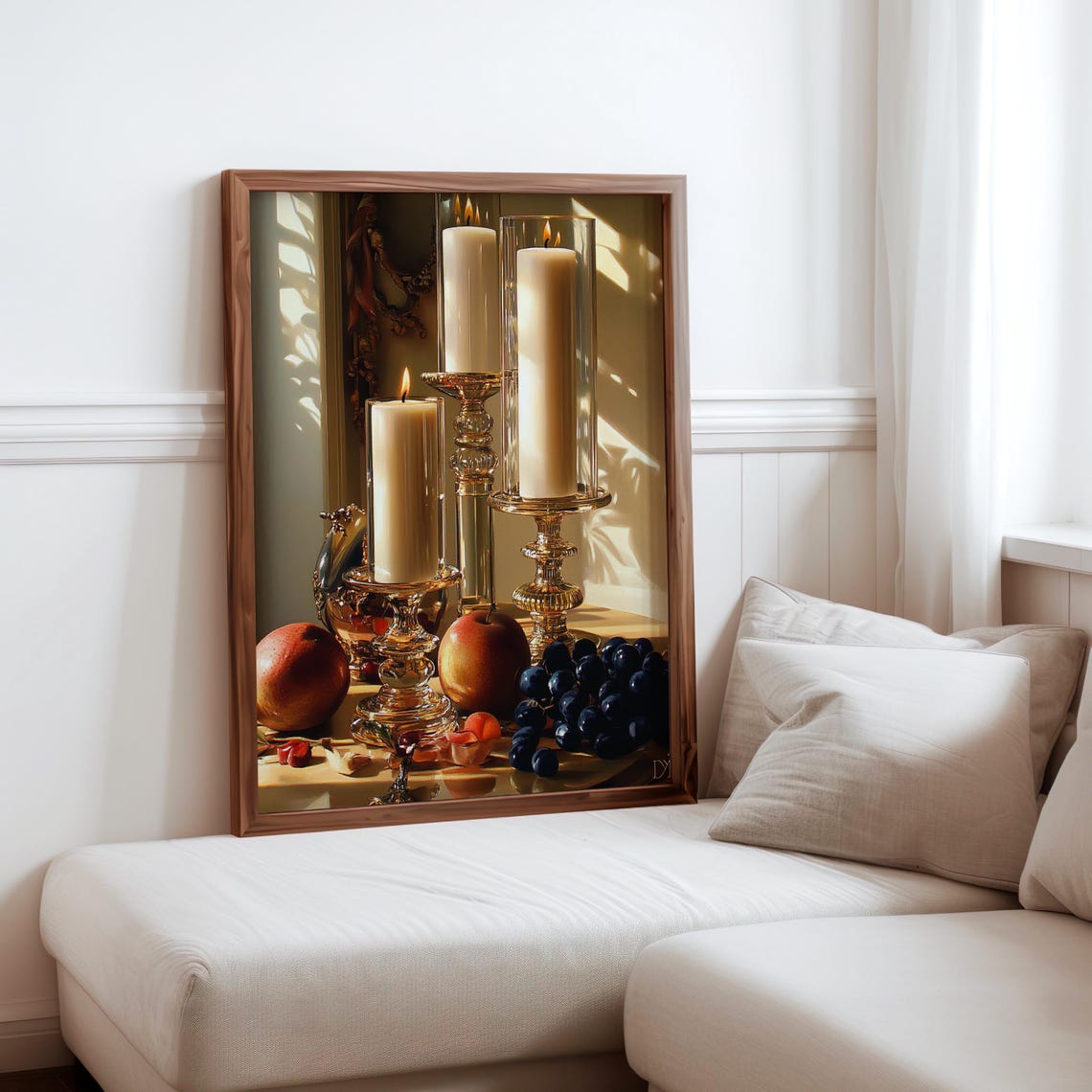 Pillar Candles Brass Candlesticks Fruit Still Life Art Print