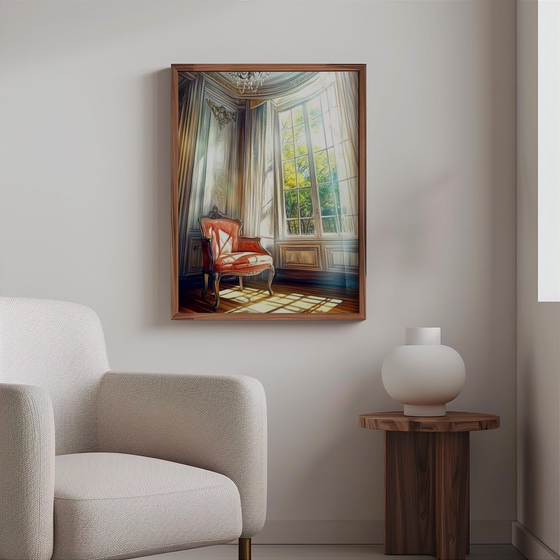 Sunlit Parisian Bay Window Red Armchair Chandelier Interior Print - Image 2
