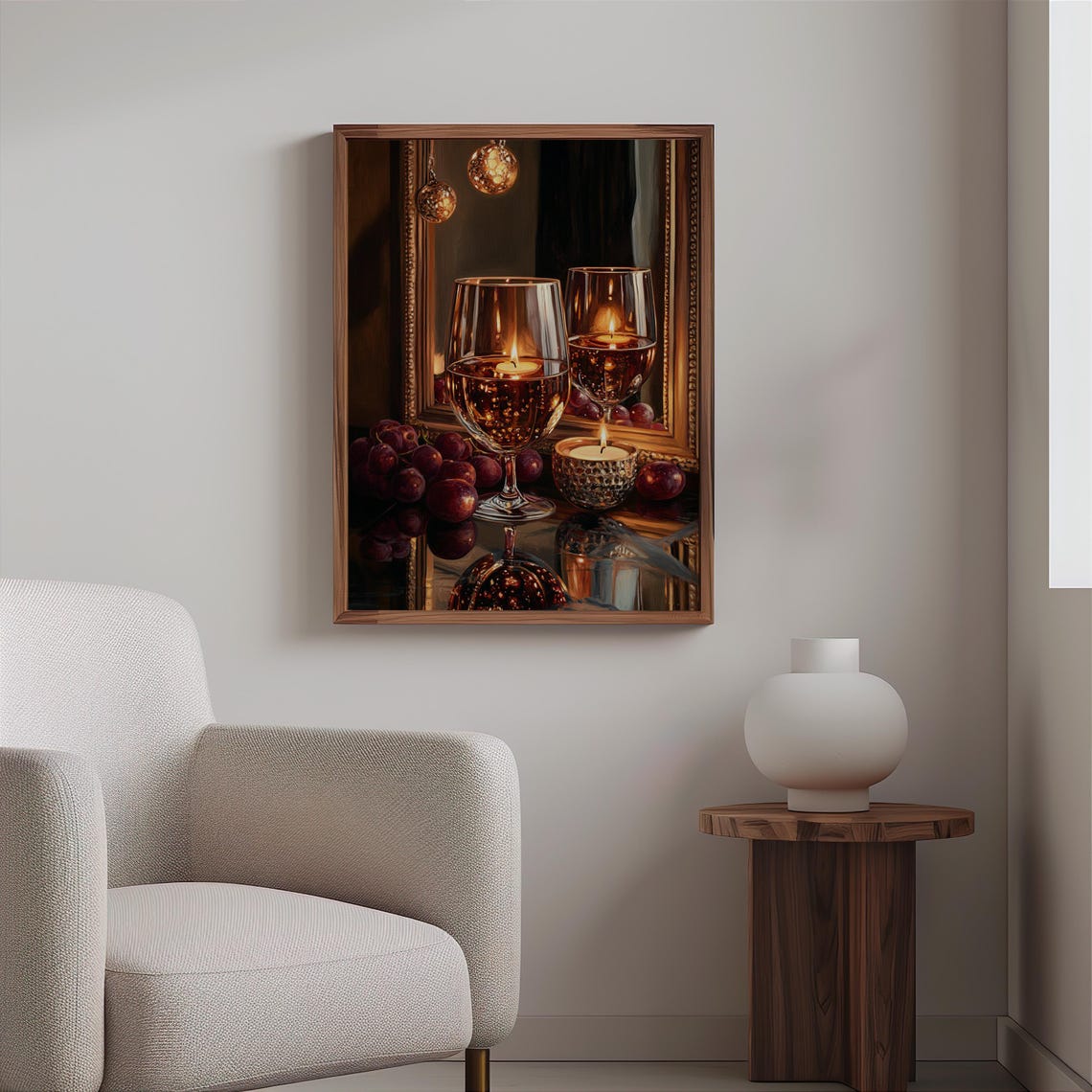 Wine Glasses Holding Candles with Grapes Still Life Poster Art - Image 2