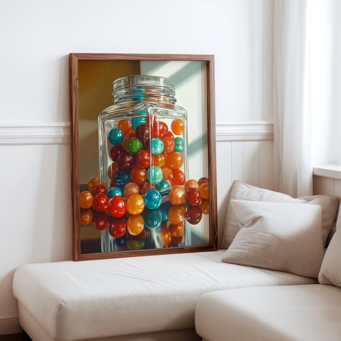 Glass Jar Rainbow Gumballs Soft Neutral Background Candy Poster