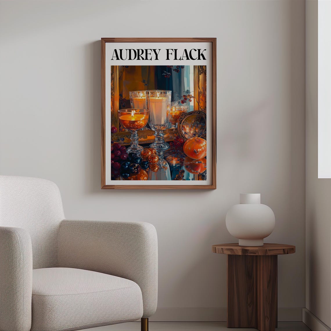 Audrey Flack Inspired Candlelit Glass Cups Fruit Gold Mirror Poster - Image 2