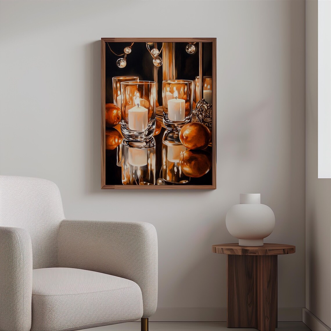 Amber Glass Hurricanes White Candles Oranges Still Life Art Print - Image 2