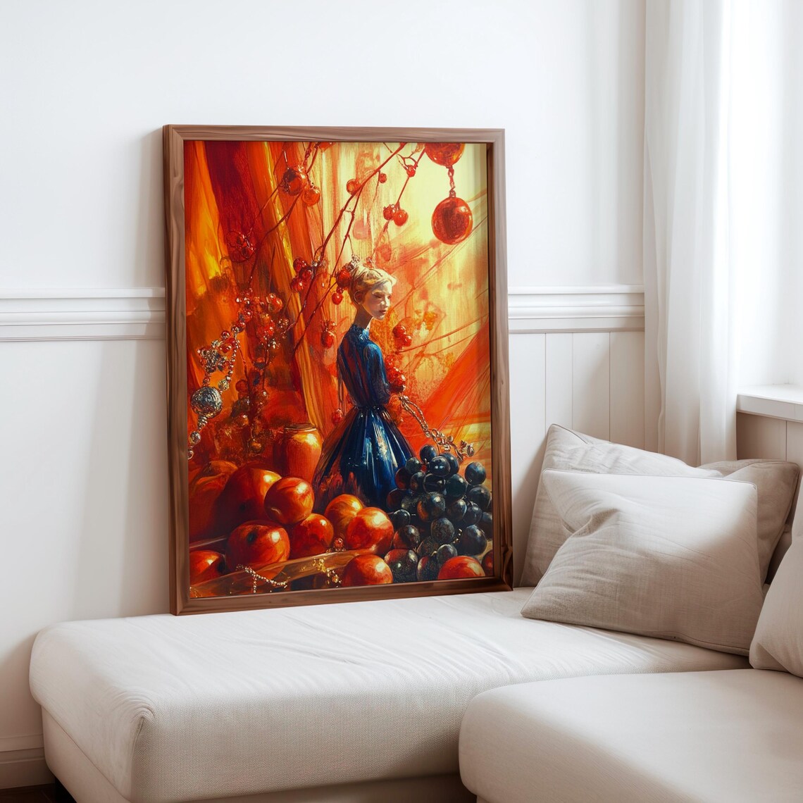 Dreamlike Woman Blue Dress Fruit Surreal Orange Still Life Art Print