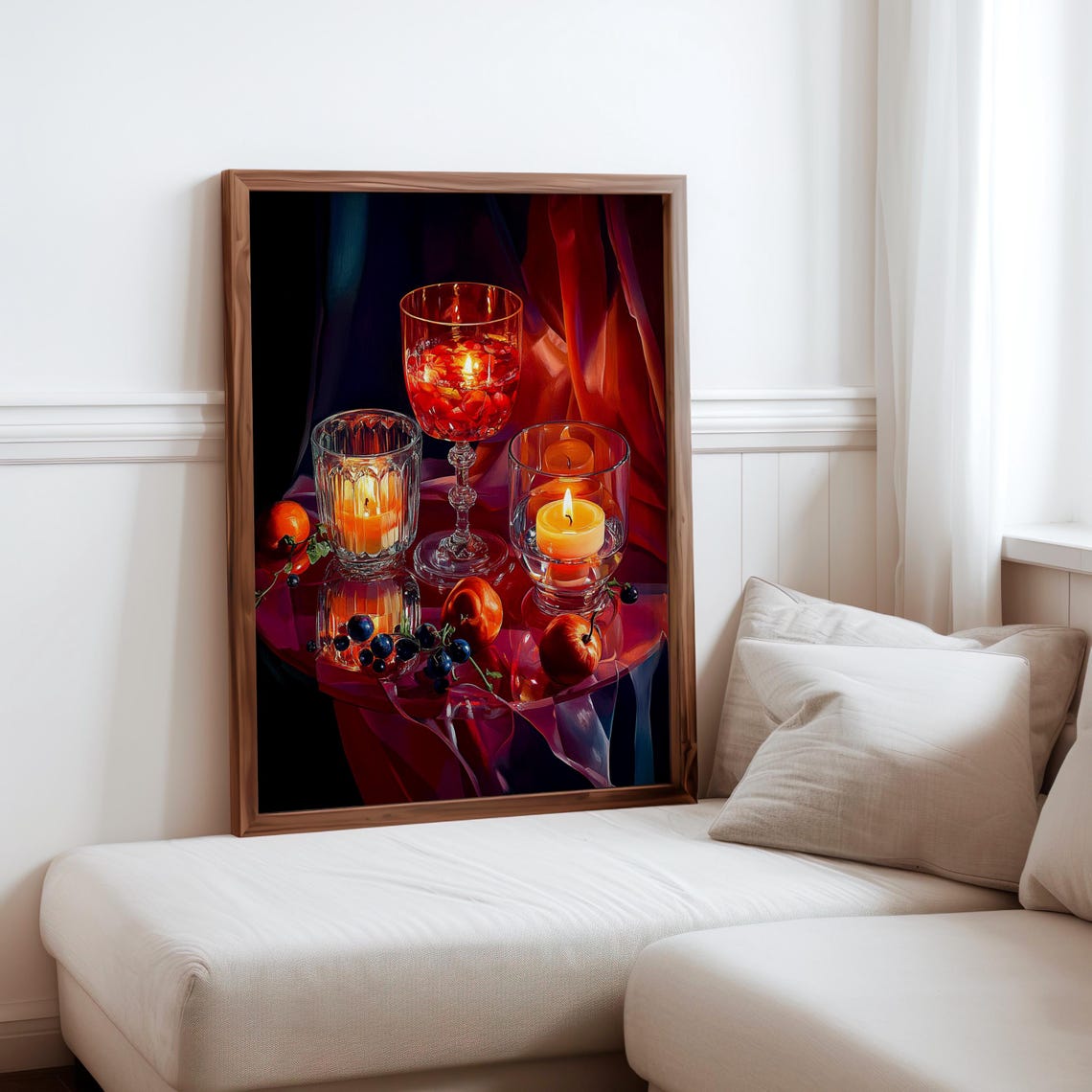 Moody Red Glass Goblets Candles Dark Drapery Still Life Art Print