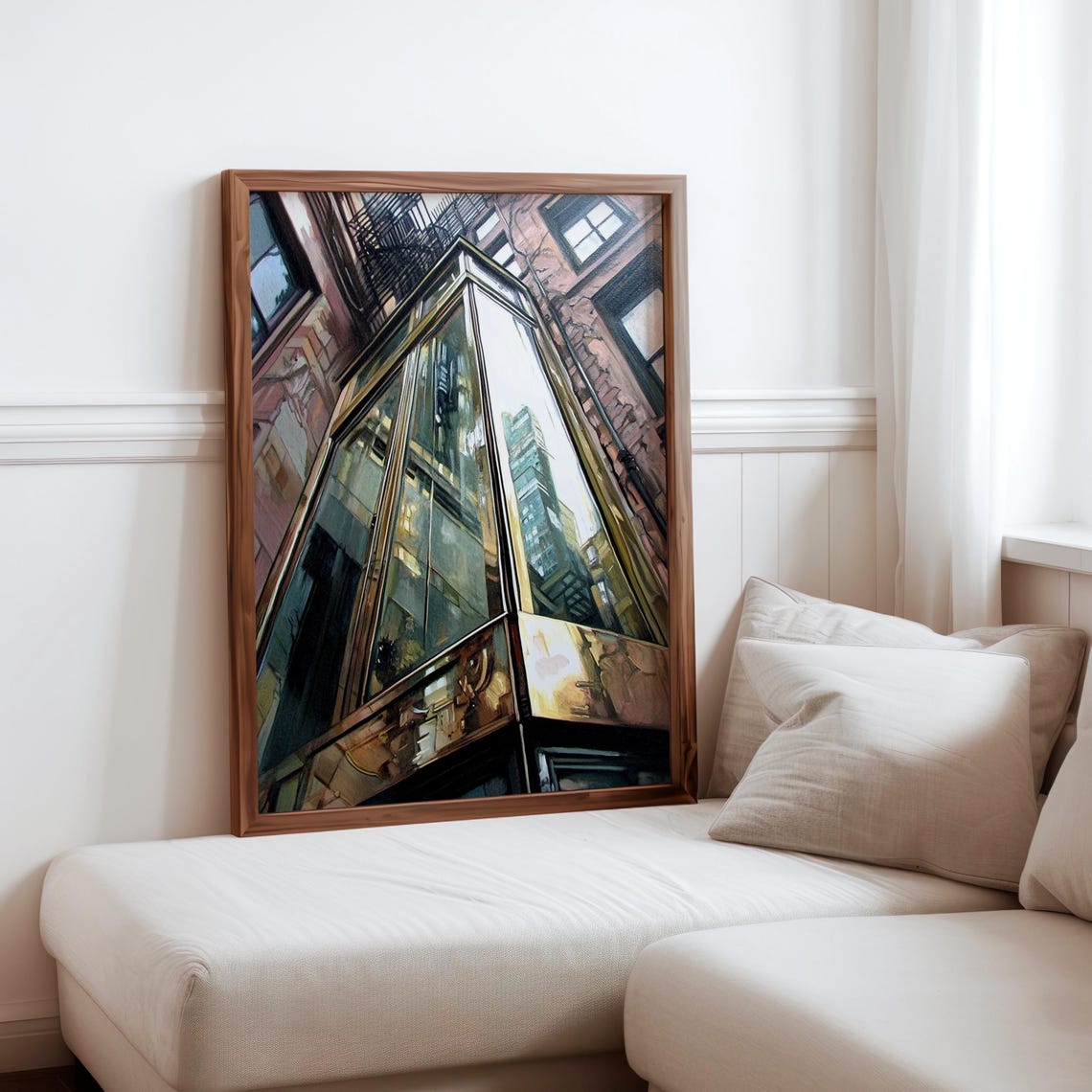 Photorealistic Glass Elevator Tower Between Brick Buildings Poster