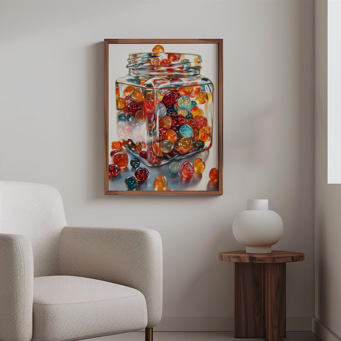 Glass Jar Overflowing Colorful Marbles White Background Art Poster - Image 2