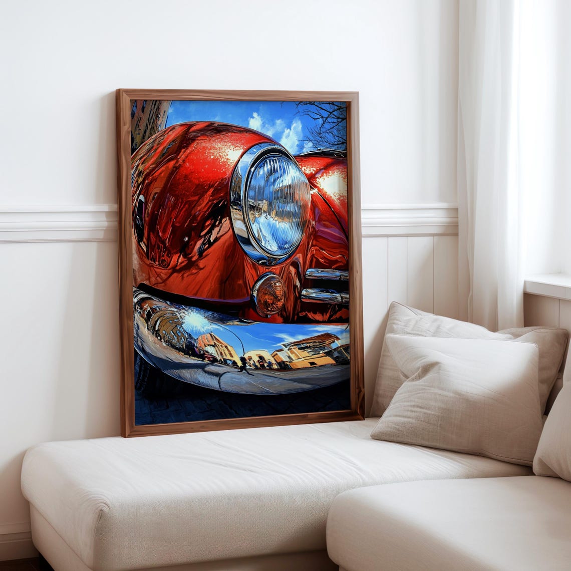 Red Classic Car Headlight Chrome Bumper Street Reflection Poster