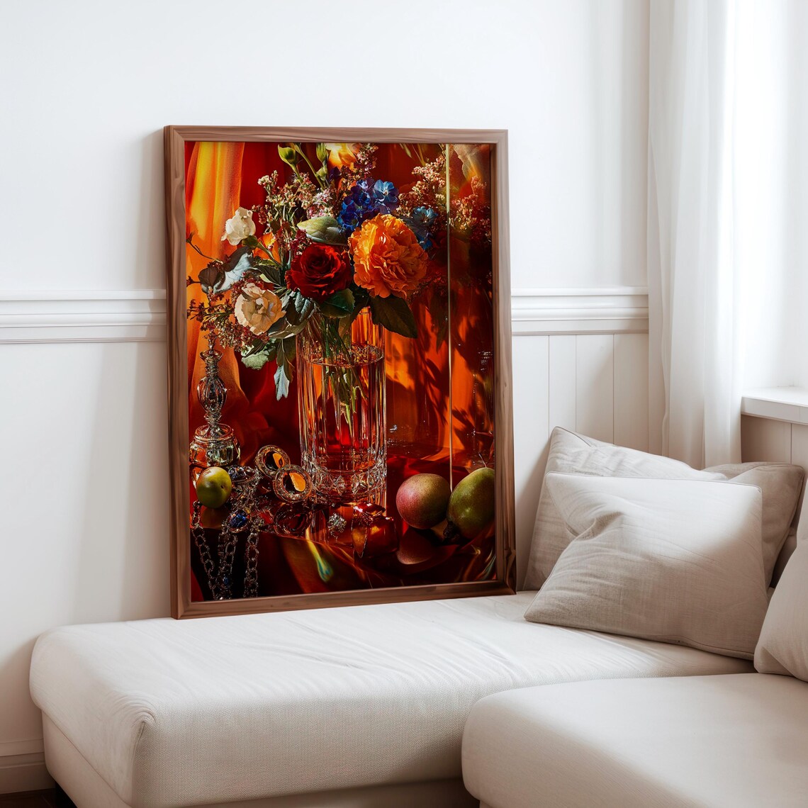 Tall Crystal Vase with Garden Bouquet and Apples Still Life Poster