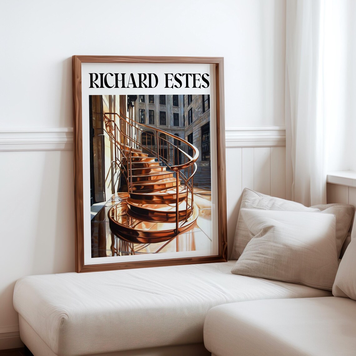 Golden Spiral Staircase Sunlit Stone Facades Photorealism Art Poster