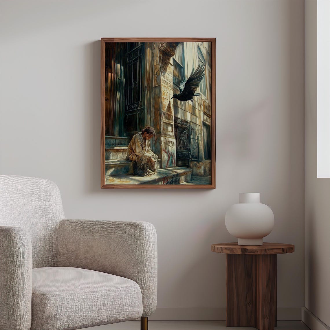 Bowed Man Steps Flying Crow Sunlit Facade Photorealism Poster - Image 2