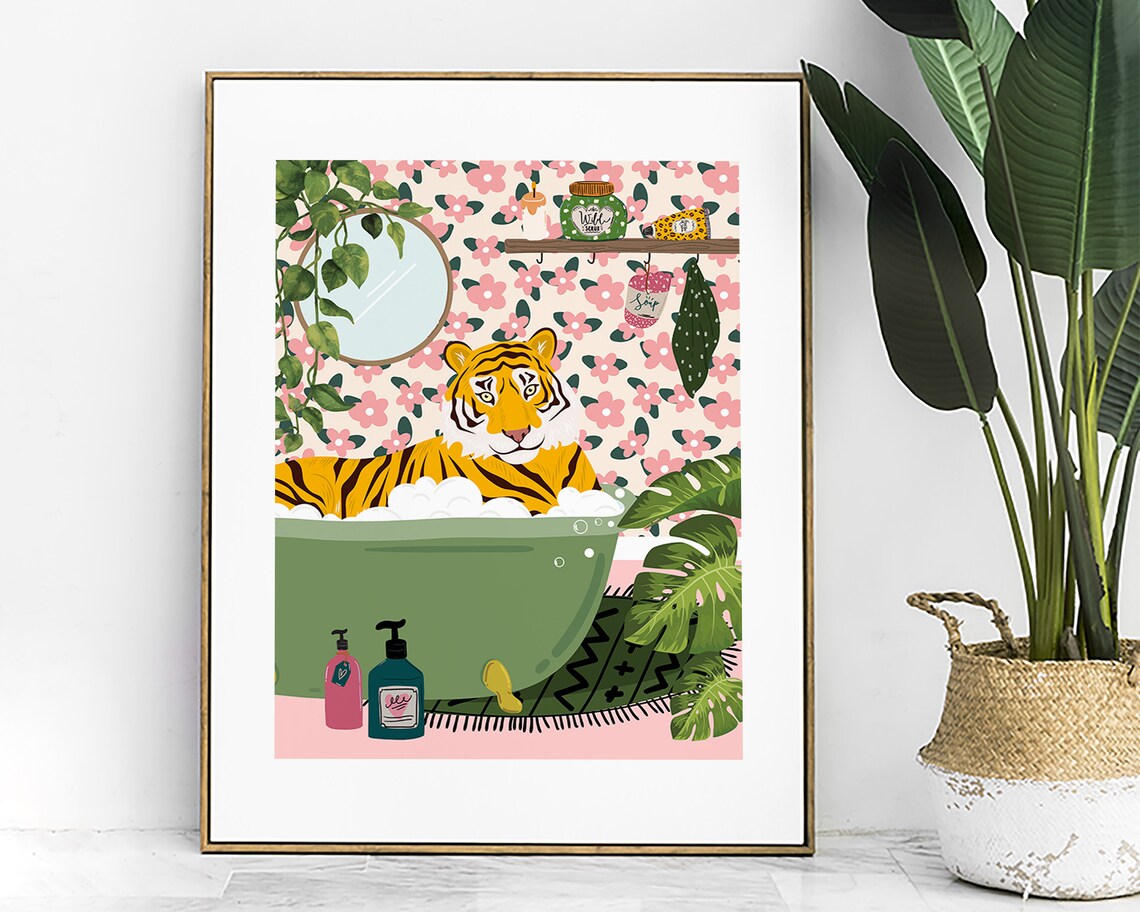 Tiger Bathroom Funny Animal Poster, Tropical Maximalist