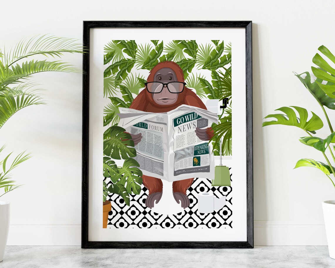 Orangutan On Toilet Bathroom Boho Art Print