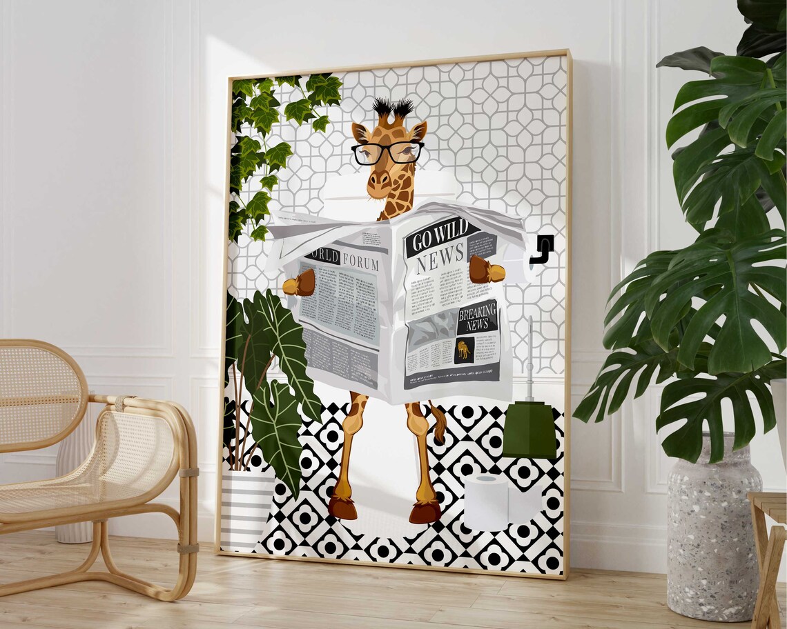 Giraffe on Toilet Black and White Bathroom Art Print