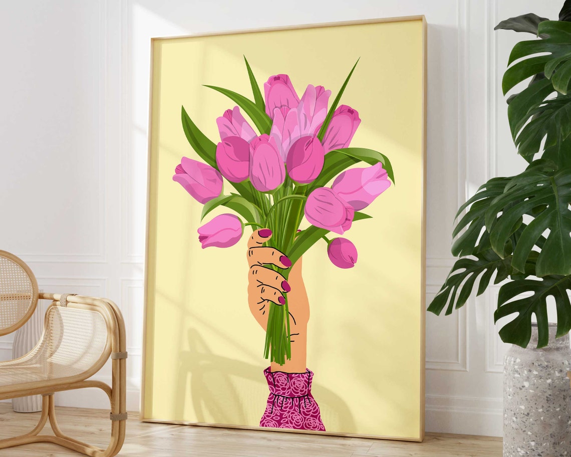 Pink Tulips Bouquet Held In Hand Colorful Floral Wall Poster
