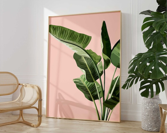 Tropical Pink Banana Leaf Jungle Poster, Abstract Palm