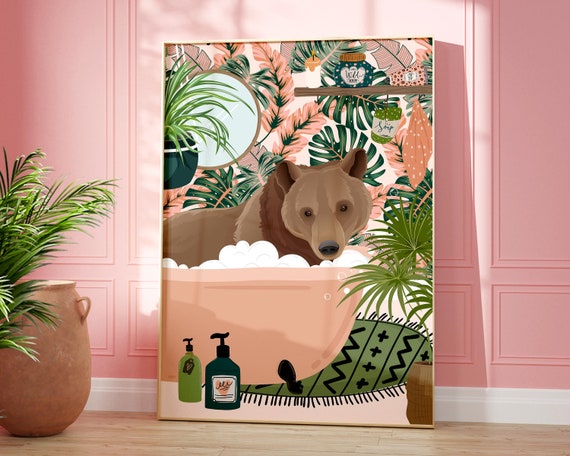 Bear Bathroom Wall Art Funny Animal Print Cute Kids Decor Pink Bath Tropical Poster Gift For Her