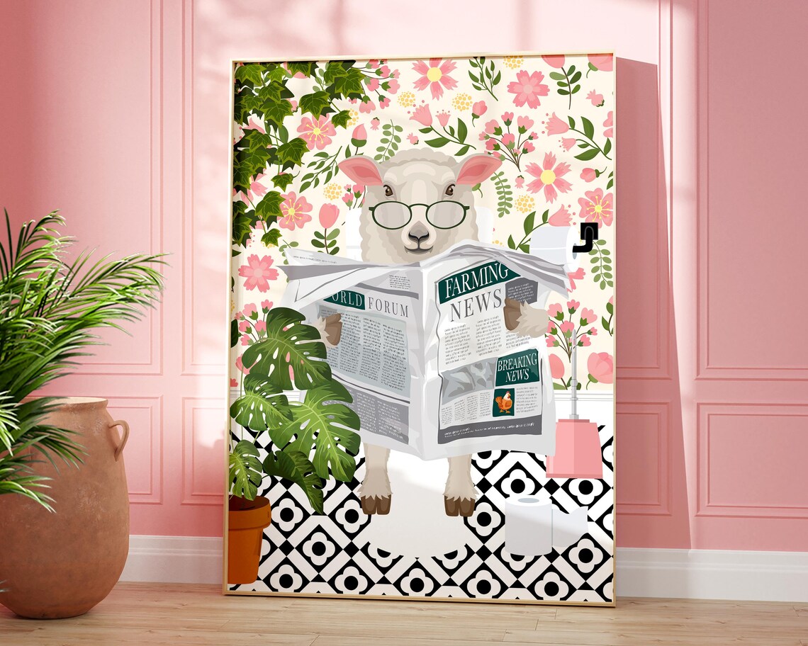 Funny Sheep Bathroom Wall Art, Tropical Decor Poster