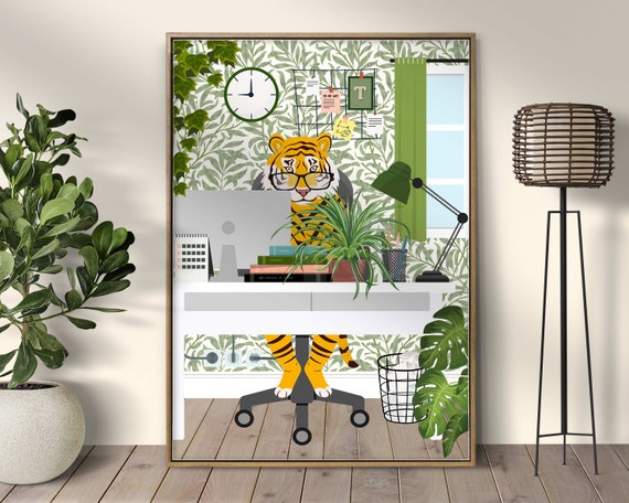 Tiger Work From Home Art Print, Modern Office Decor