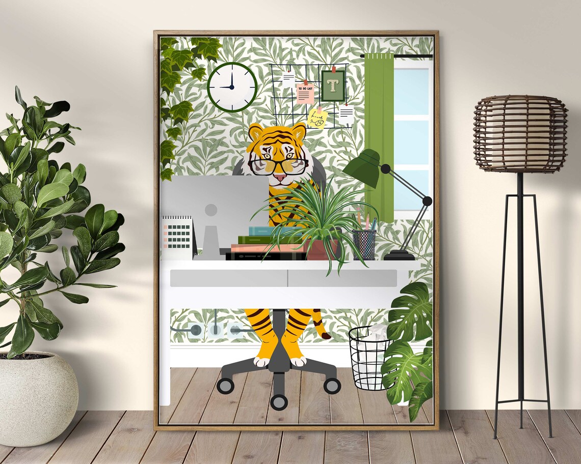 Tiger Work From Home Art Print, Modern Office Decor