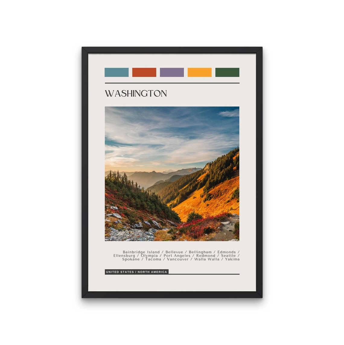 Washington Autumn Mountain Valley Scenic Color Block Travel Poster