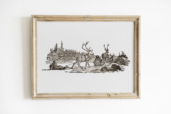 Reindeer Sketch Painting Christmas Vintage Art Print